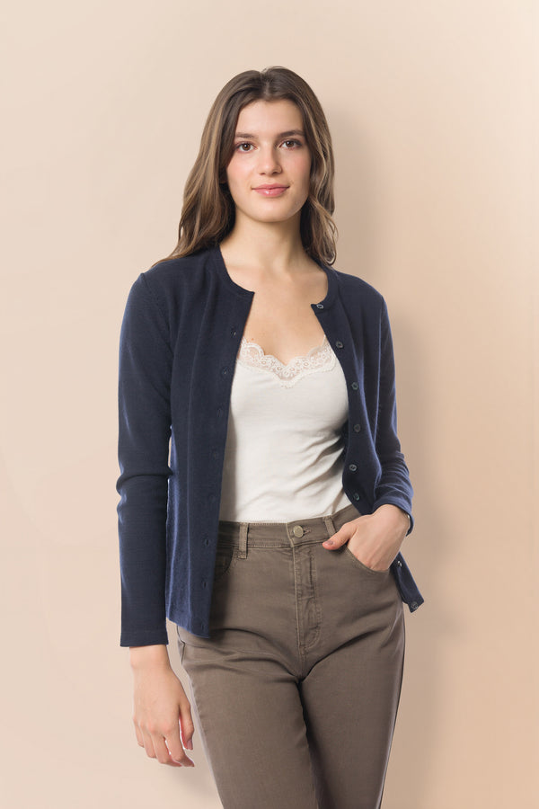 Cardigan girocollo in cashmere sostenibile