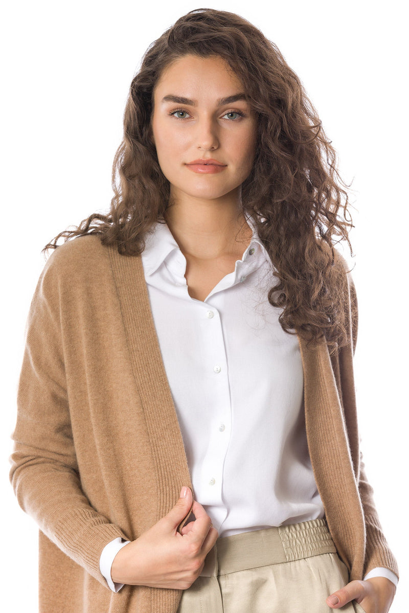 Sustainable Cashmere Edge To Edge Cardigan - Dark Camel - Dongli Cashmere