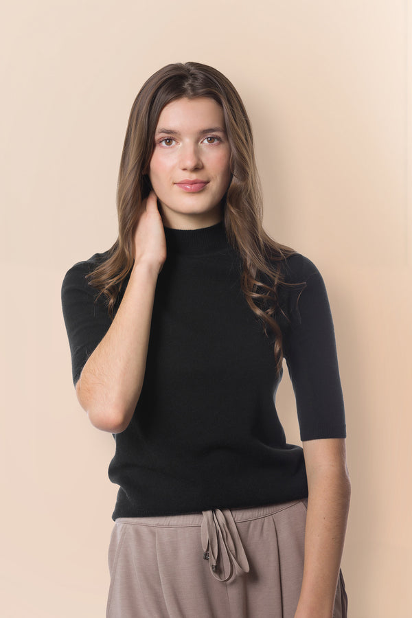 Sustainable Cashmere Short Sleeve Turtleneck Sweater - Black - Dongli Cashmere