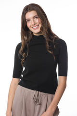 Sustainable Cashmere Short Sleeve Turtleneck Sweater - Black - Dongli Cashmere