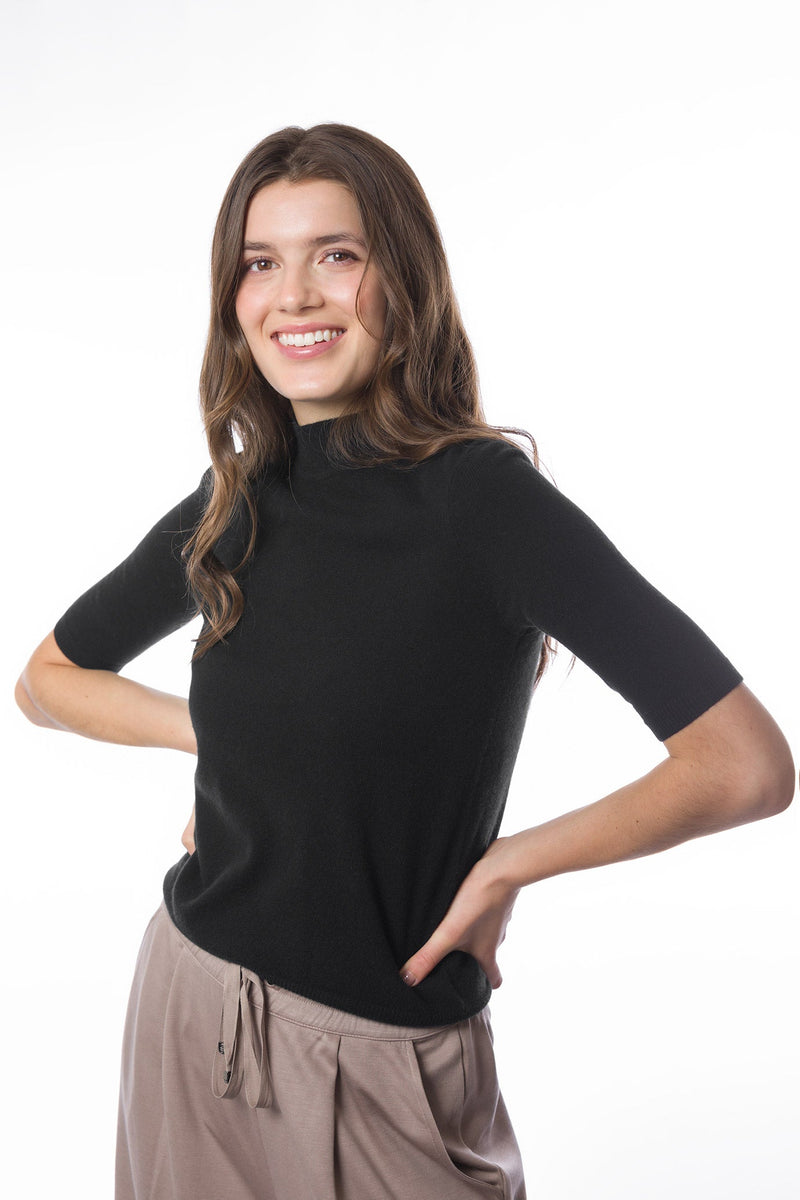 Sustainable Cashmere Short Sleeve Turtleneck Sweater - Black - Dongli Cashmere