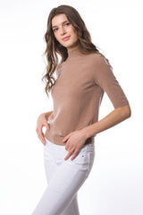 Sustainable Cashmere Short Sleeve Turtleneck Sweater - Camel - Dongli Cashmere