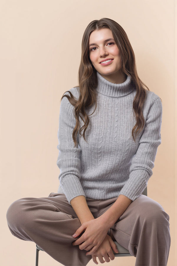 Sustainable Cashmere Cable Knit Sweater - Pale Heather Grey - Dongli Cashmere