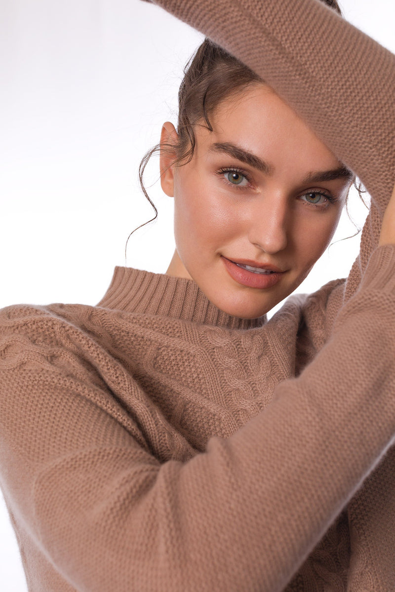 Sustainable Cashmere Loose Fit Cable Sweater - Modern Camel - Dongli Cashmere